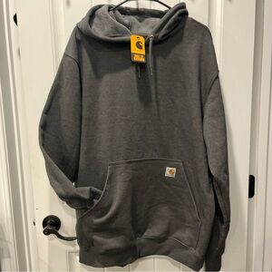 Carhartt Men's Dark Gray Hoodie loose fit size large with neon green sleeve logo